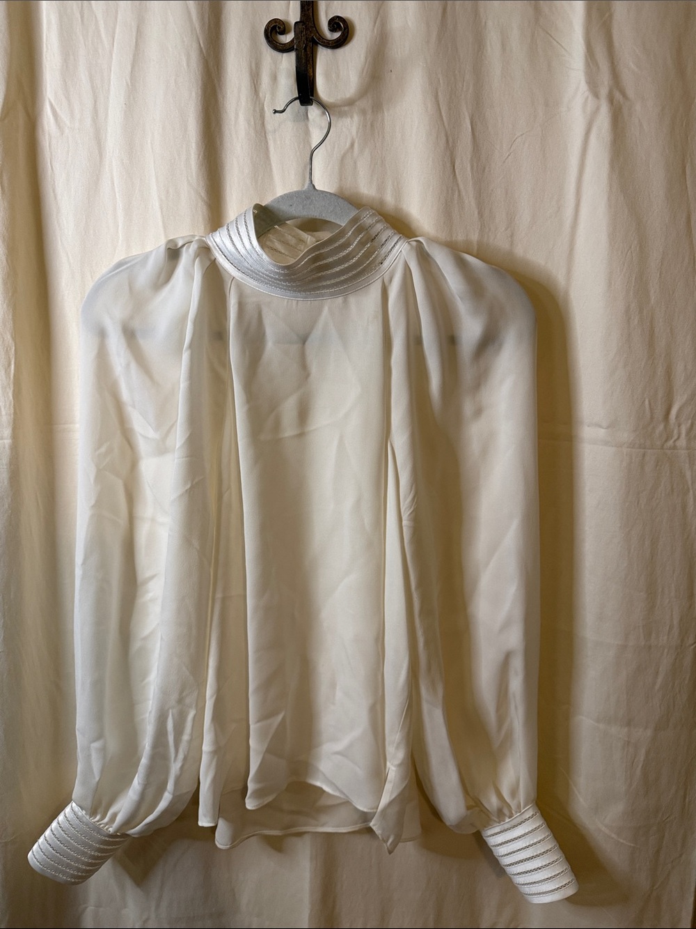 Veronica Beard Cream High-Neck Pleated Sleeve Blouse